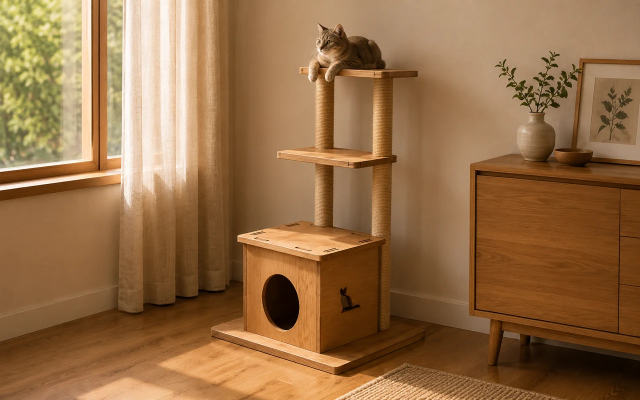 Multi-Level CNC Cat Tree with Hideaway Cubby